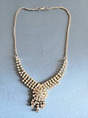 Vintage Clear Glass Crystals Rhinestones Waterfall Statements Necklace Choker